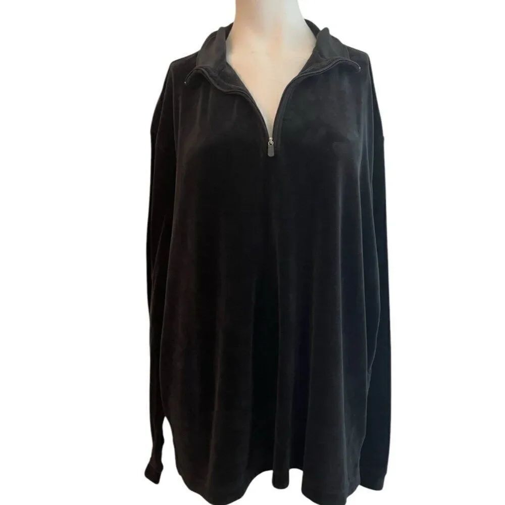Womens Large XL Black Velour Velvet 1/4 Zip Pullover Soft Jacket Hannah